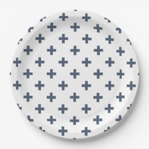 Assiettes En Carton Polka gris-bleu croise sur blanc