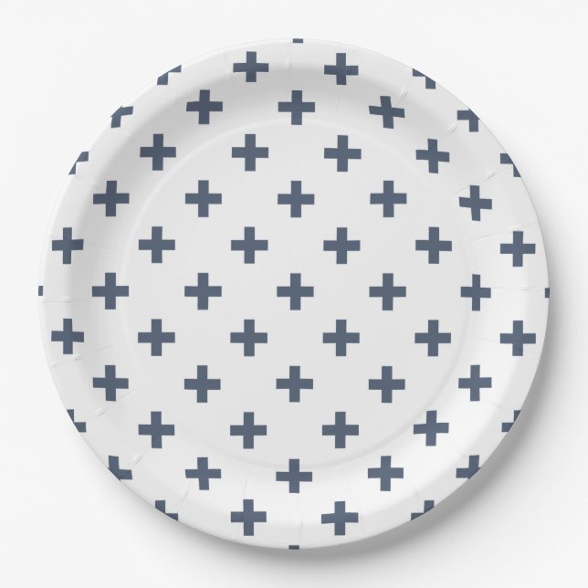 Assiettes En Carton Polka gris-bleu croise sur blanc (Devant)