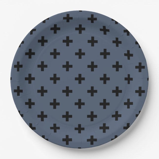 Assiettes En Carton Polka noire croise sur bleu-gris (Devant)