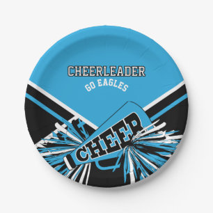 Assiettes En Carton Pom-pom girl en Bleu Bébé, Blanc et Noir