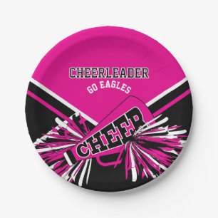Assiettes En Carton Pom-pom girl en rose chaud, blanc et noir