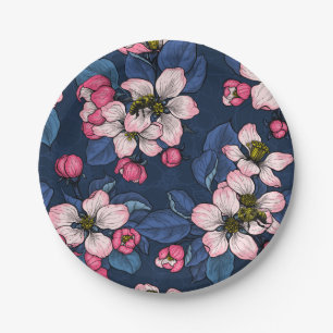 Assiettes En Carton Pomme fleurit sur un bleu foncé