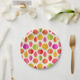 Assiettes En Carton Pommes colorées et fraises avec étoiles rétro