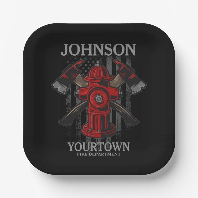 Assiettes En Carton Pompier NOM Fire Department Hydrant USA Drapeau (Recto)