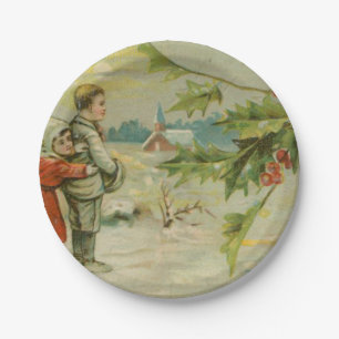 Assiettes En Carton Pont vintage et enfants de Noël
