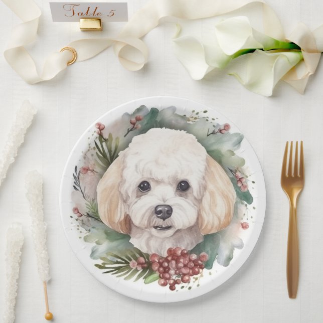 Assiettes En Carton Poodle Noël Wreath Festive Pup (Mariage)