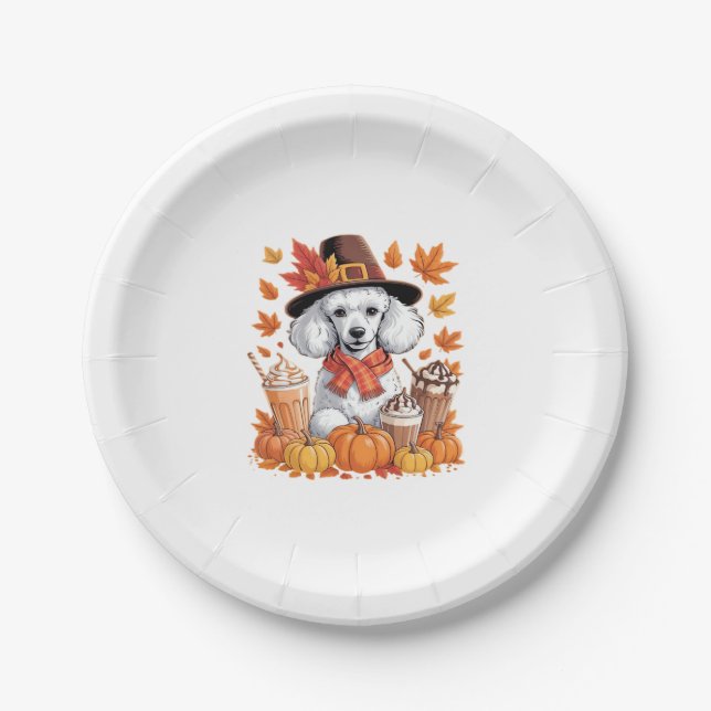 Assiettes En Carton Poodle Thanksgiving Boissons Café Automne Feuilles (Devant)
