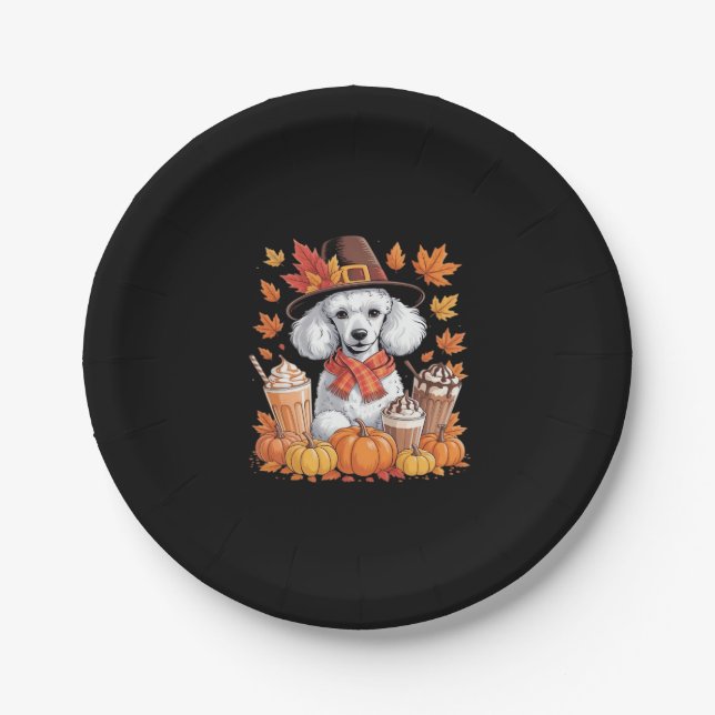 Assiettes En Carton Poodle Thanksgiving Boissons Café Automne Feuilles (Devant)