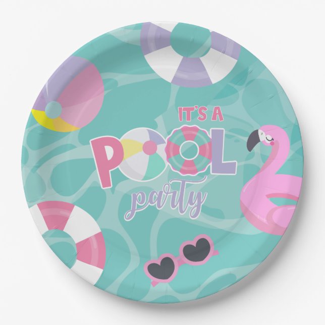 Assiettes En Carton Pool party Fille rose et violet Anniversaire (Devant)