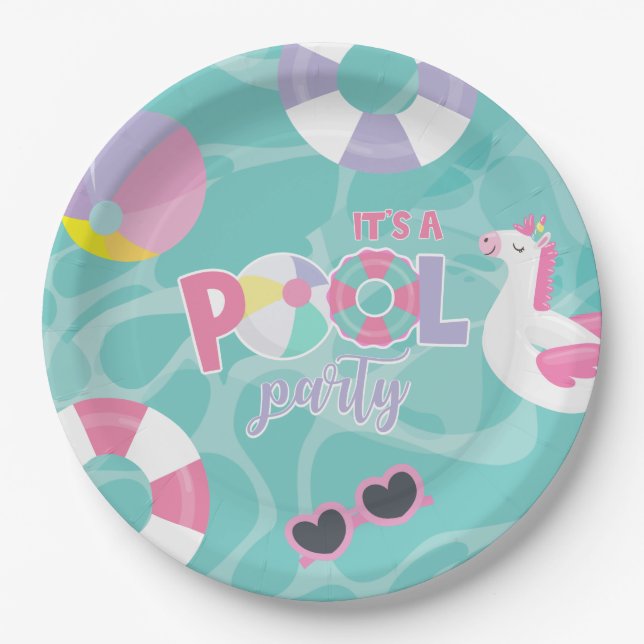 Assiettes En Carton Pool party Unicorn rose et violet Anniversaire (Devant)