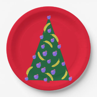 Assiettes En Carton Pop Art Arbre de Noël avec Pommes et Bananes Rouge