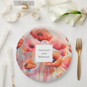 Assiettes En Carton Poppies d'aquarelle rouge dans un champ Anniversai