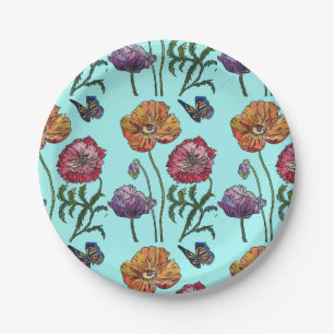 Assiettes En Carton Poppies de pavot rouge orange Aqua floral