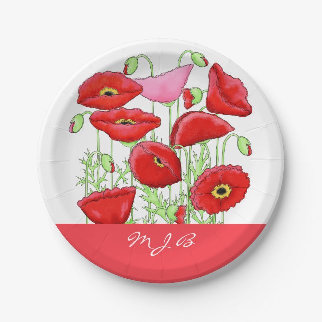 Assiettes En Carton Poppies roses rouges Art Personnalisé Monogramme p (Devant)