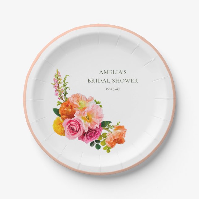 Assiettes En Carton Populaires Fleurs Roses Vibrantes Floral Mariage (Devant)