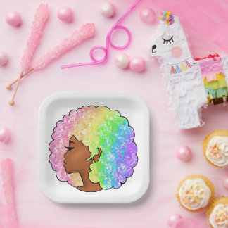 Assiettes En Carton Portrait Afro Arc-en-Ciel Pastel Rétro Groovy Fris