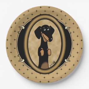 Assiettes En Carton Portrait Dachshund cadre or mignon (noir et bronzé