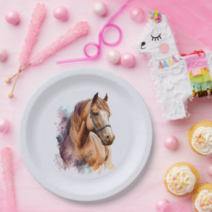 Assiettes En Carton Portrait de tête de cheval brun à l'aquarelle