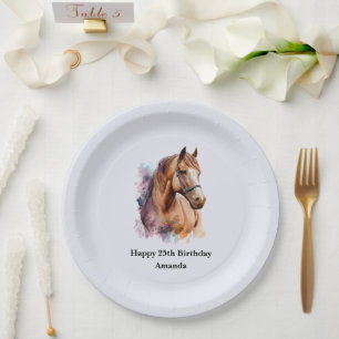 Assiettes En Carton Portrait de tête de cheval brun en aquarelle pour