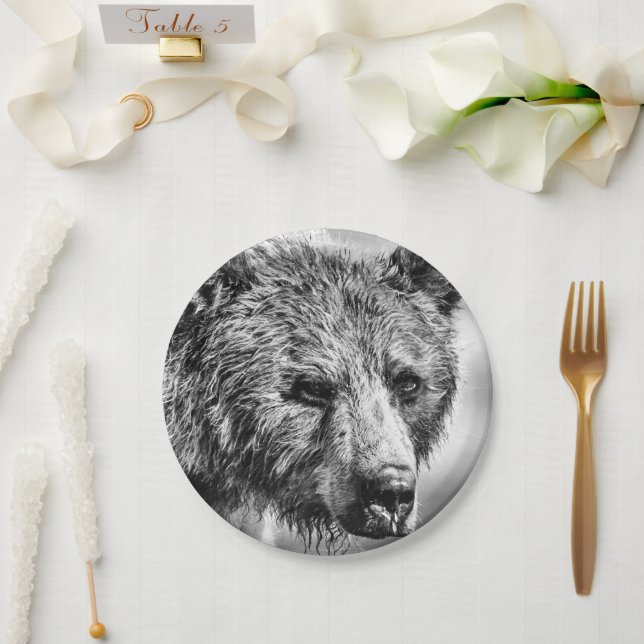 Assiettes En Carton Portrait d'ours grizzli (Mariage)