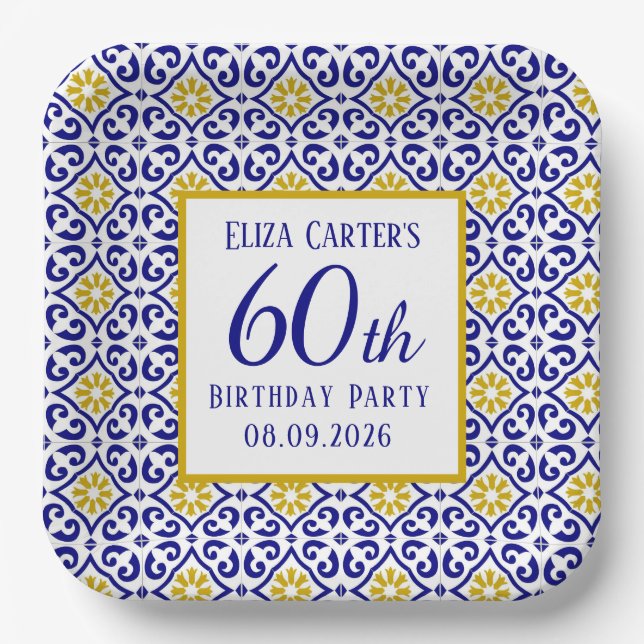 Assiettes En Carton Portugais Carreaux Bleu 60e anniversaire Méditerra (Recto)