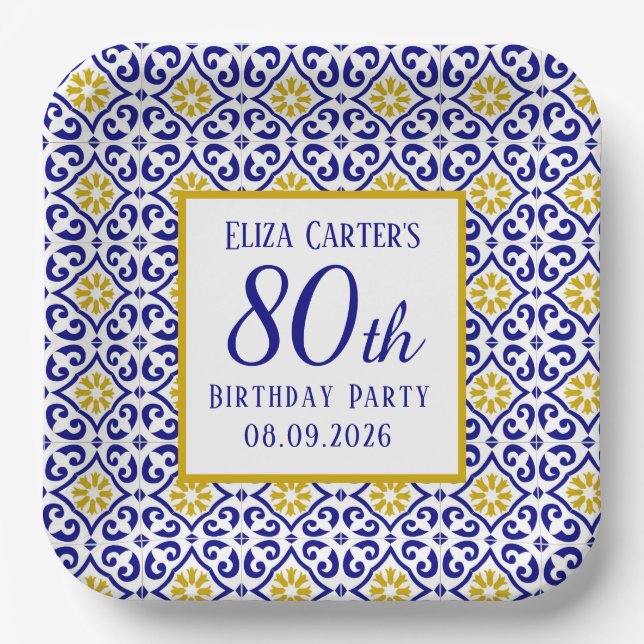 Assiettes En Carton Portugais Carreaux Bleu 80e anniversaire Méditerra (Recto)