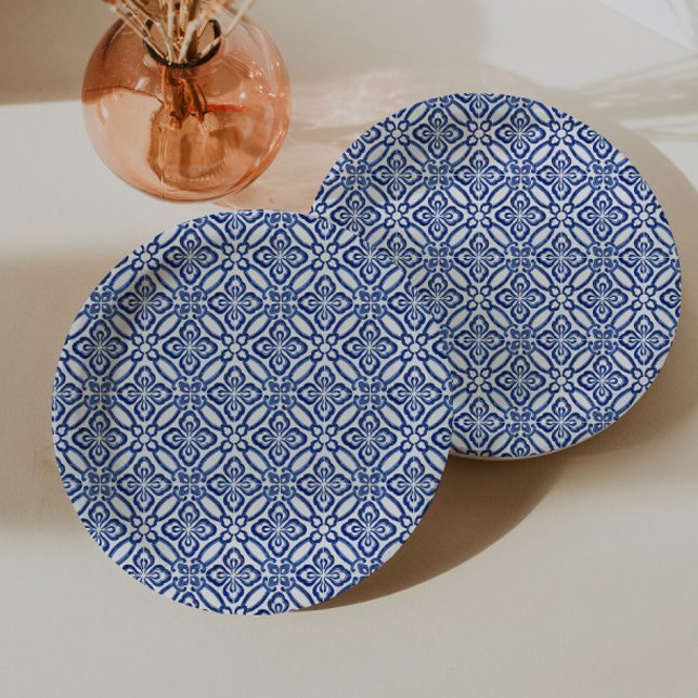 Assiettes En Carton Positano Bleu Et Carreaux Blancs Baby shower Brunc (Positano blue and white tile print for italian theme bridal shower  or baby shower)