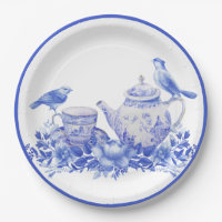 Pot à thé floral bleu et blanc avec oiseaux