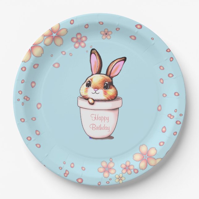 Assiettes En Carton Pot de fleurs avec lapin d'anniversaire sur fond b (Devant)