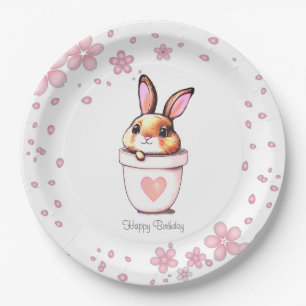 Assiettes En Carton Pot de fleurs avec lapin de birthday mignon & Fleu