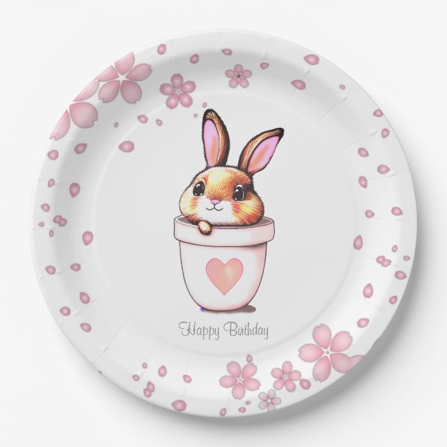 Assiettes En Carton Pot de fleurs avec lapin de birthday mignon & Fleu (Devant)