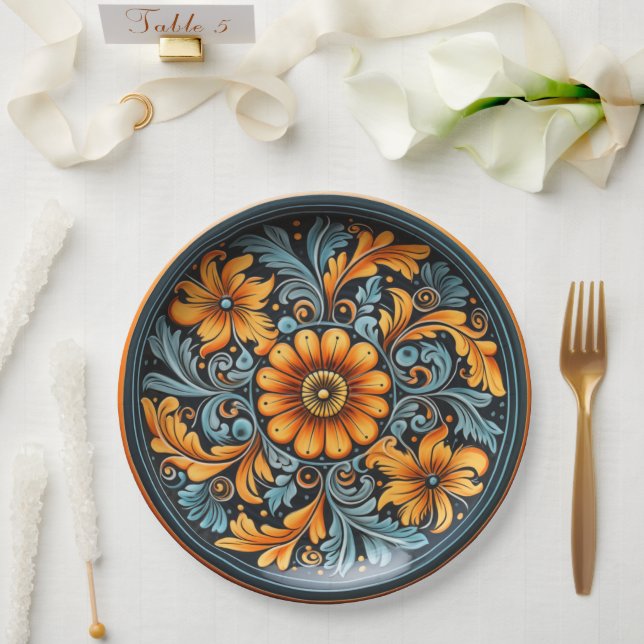 Assiettes En Carton Poterie d'art populaire inspirée Jaune, Rouille, M (Mariage)