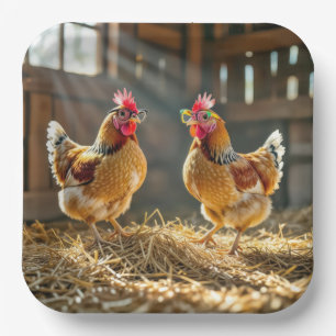 Assiettes En Carton Poules portant des lunettes dans une grange ensole