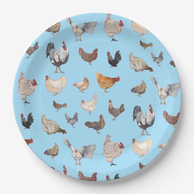 Assiettes En Carton Poulet motif heureux sur bleu (Devant)