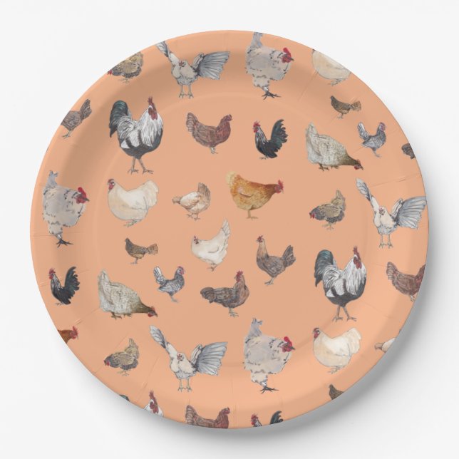 Assiettes En Carton Poulet motif heureux sur Peach (Devant)