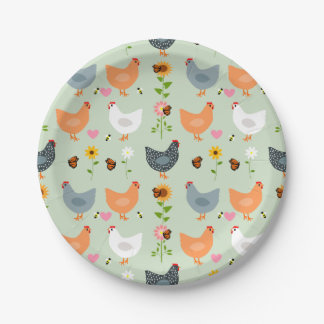 Assiettes En Carton Poulets dans le jardin avec fleurs, vert