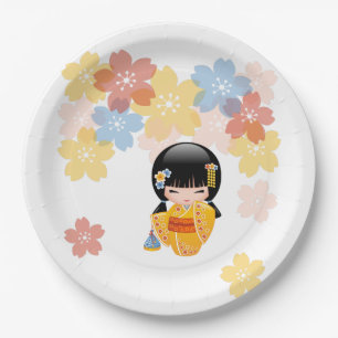 Assiettes En Carton Poupée d'été Kokeshi - Kimono Jaune Geisha Girl
