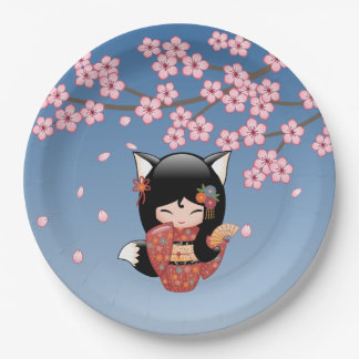 Assiettes En Carton Poupée Kitsune Kokeshi - Black Fox Geisha Girl