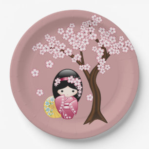 Assiettes En Carton Poupée Kokeshi Printemps - Cute Geisha Girl sur ro