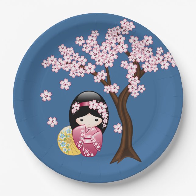 Assiettes En Carton Poupée Kokeshi Printemps - mignonne Geisha Girl su (Devant)