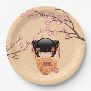 Assiettes En Carton Poupée Ume Kokeshi - Japonaise Pêche Geisha Girl