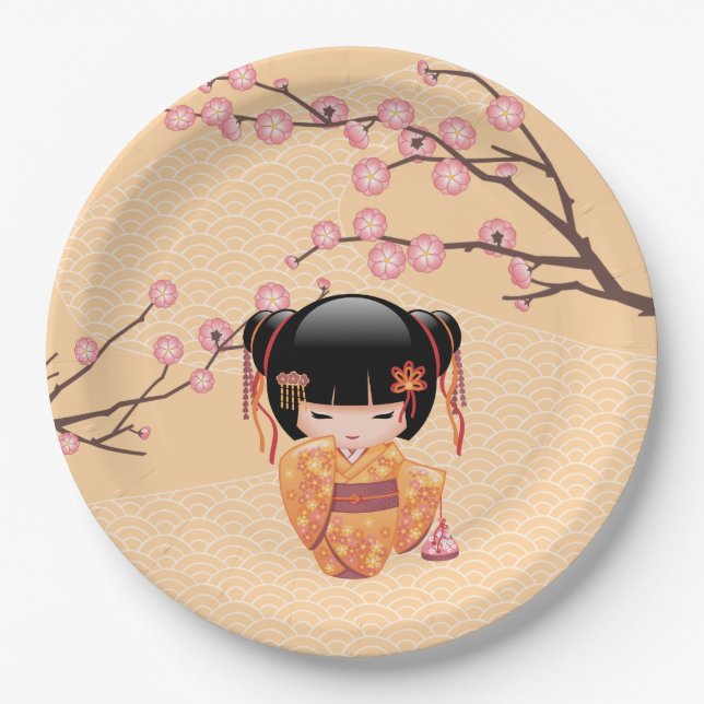 Assiettes En Carton Poupée Ume Kokeshi - Japonaise Pêche Geisha Girl (Devant)