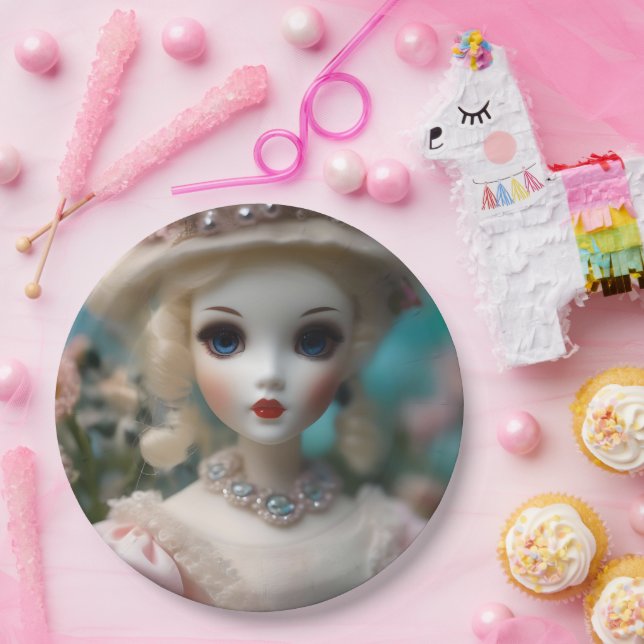 Assiettes En Carton Poupée Vintage bleue, (Fête)