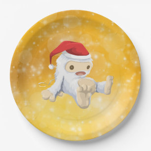 Assiettes En Carton Poupée Yeti de Noël sur Gold Bokeh Arrière - plan