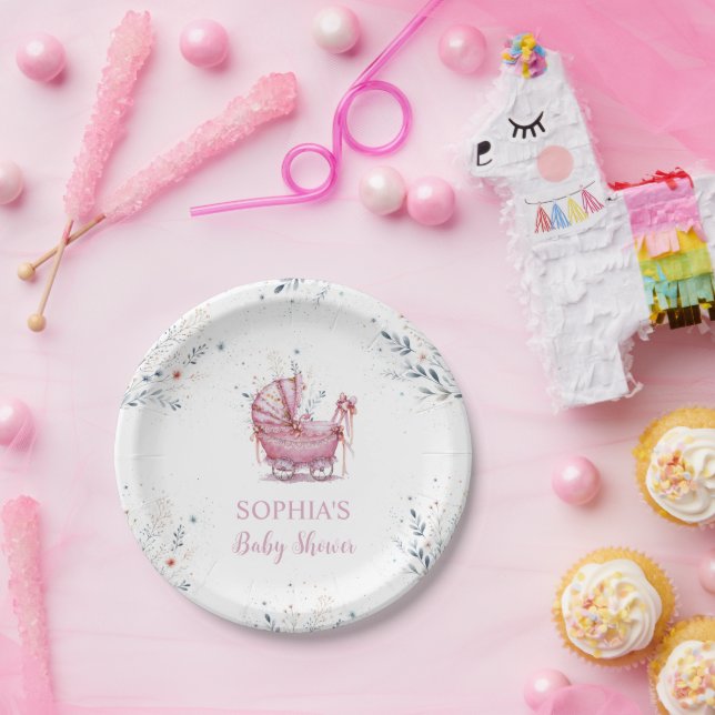 Assiettes En Carton Poussette Rose (Fête)