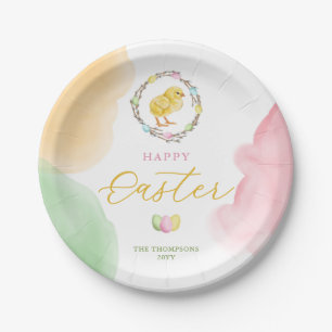 Assiettes En Carton Poussin de Pâques aquarelle coloré dans une couron