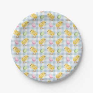 Assiettes En Carton Poussin et œufs à l'aquarelle sur motif Vichy bleu