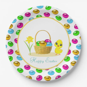 Assiettes En Carton Poussin mignon et œufs de Pâques multicolores