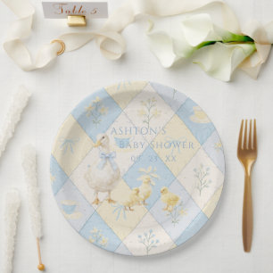 Assiettes En Carton Poussin patchwork bleu et jaune Baby Shower