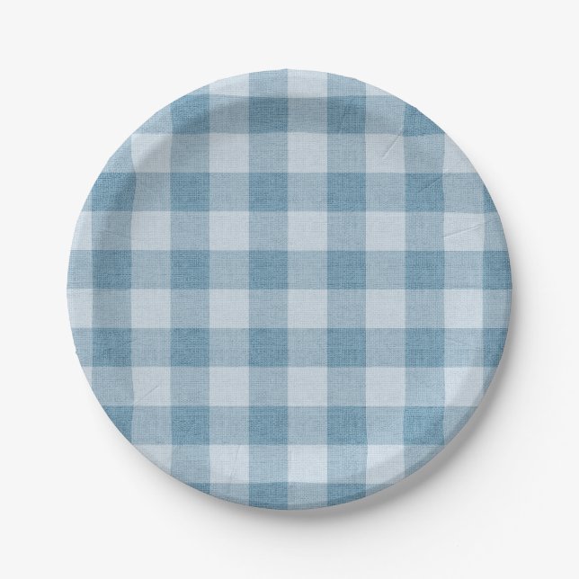 Assiettes En Carton Powder Blue Gingham Buffalo Check Linen Texture (Devant)